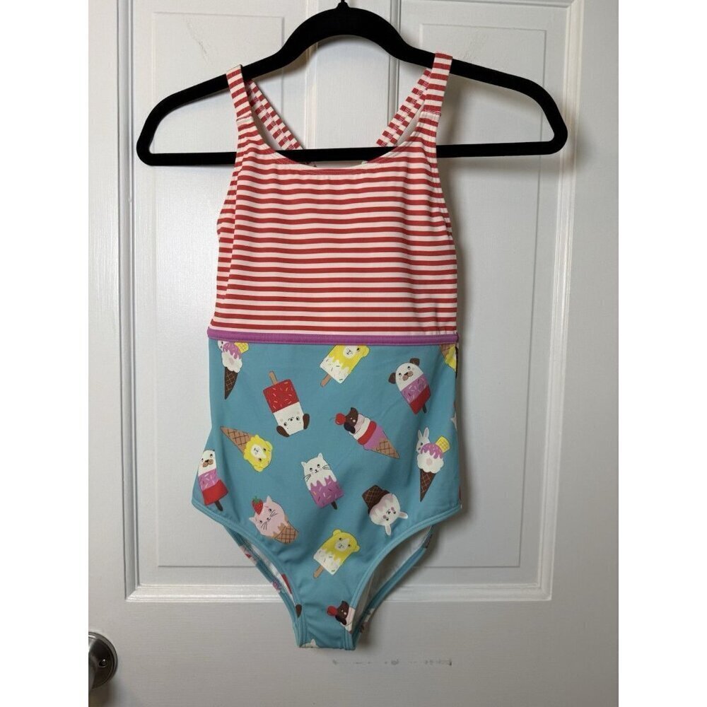 Mini Boden Hotchpotch Girls Swimsuit Stripes Ice Cream Animals Size 11-12Y NWT